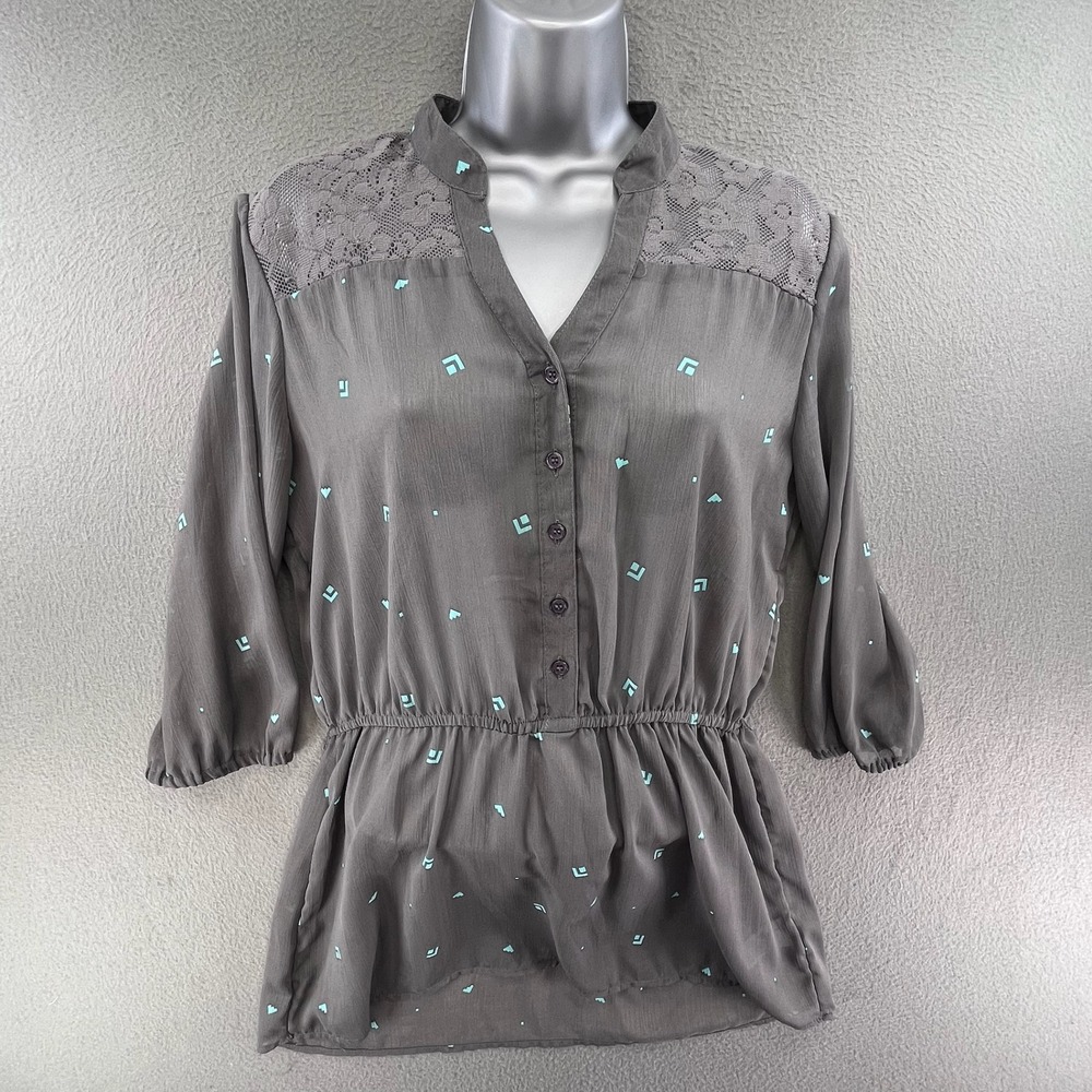 Mossimo Women Peplum Blouse Gray Lace Polyester Medium Boho Sheer Top